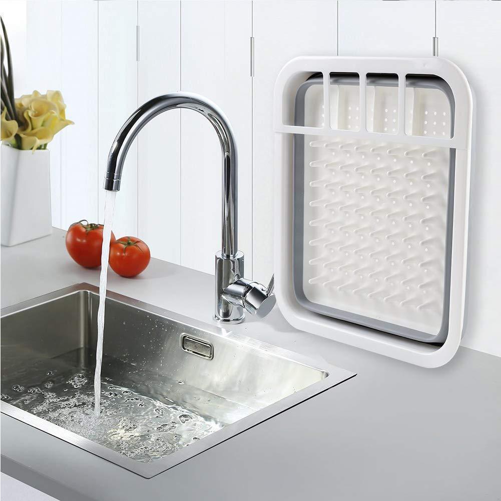 White & Grey Collapsible Folding Silicone Dish Drying Drainer Rack With Spoon Fork Knife Storage Holder