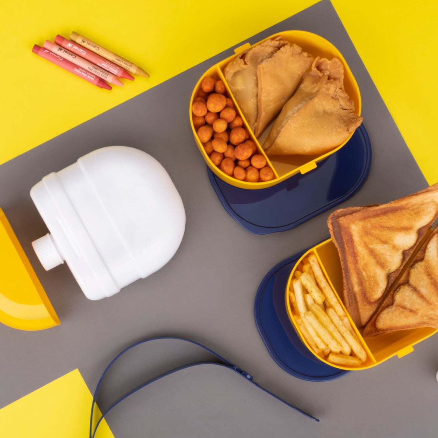 Mr. Chef Smart Lunch Box - Plastic Material, 18x16x13 Cm Size, Multi-color | Capsule Shape With Strap-on Design, Includes Water Bottle And Handle