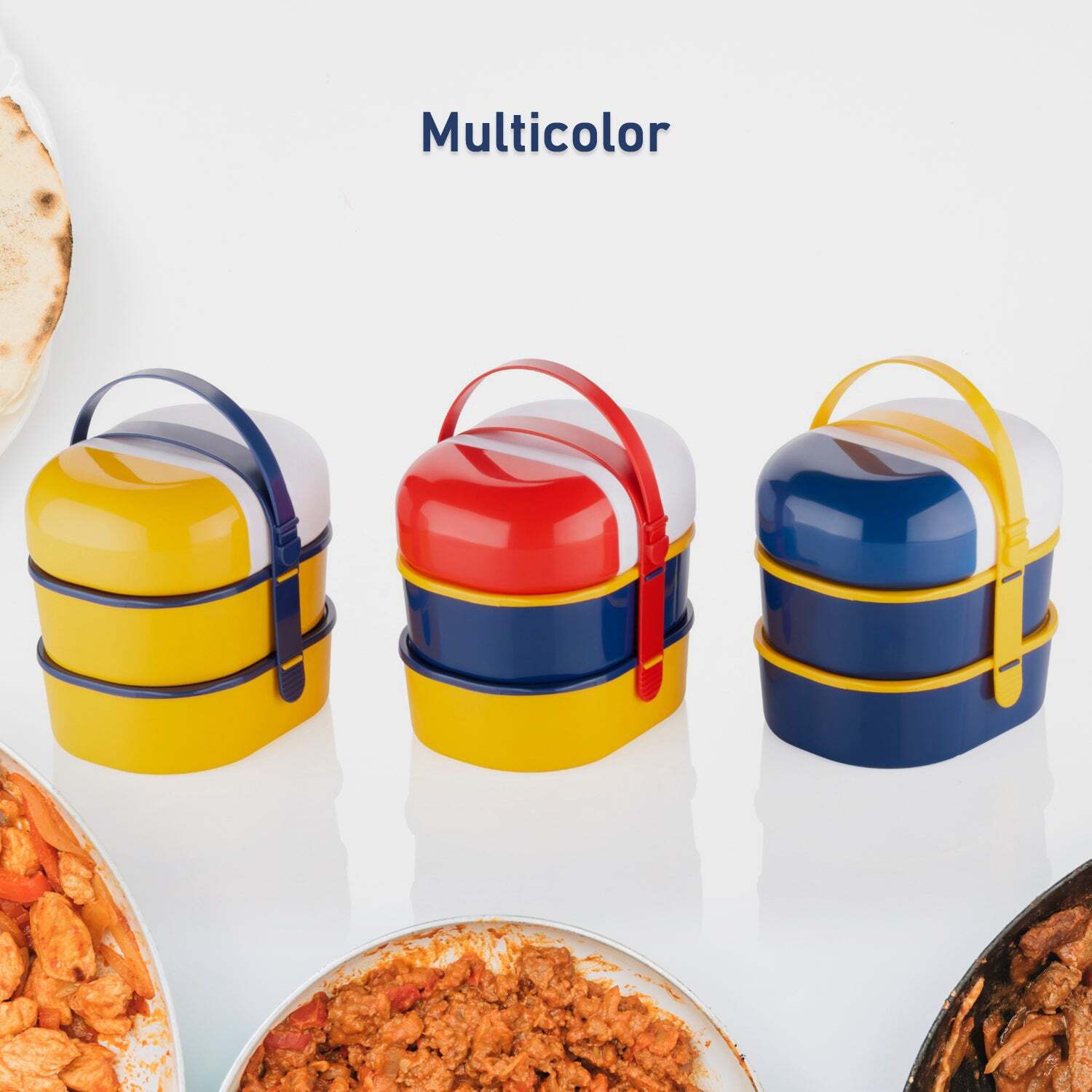 Mr. Chef Smart Lunch Box - Plastic Material, 18x16x13 Cm Size, Multi-color | Capsule Shape With Strap-on Design, Includes Water Bottle And Handle