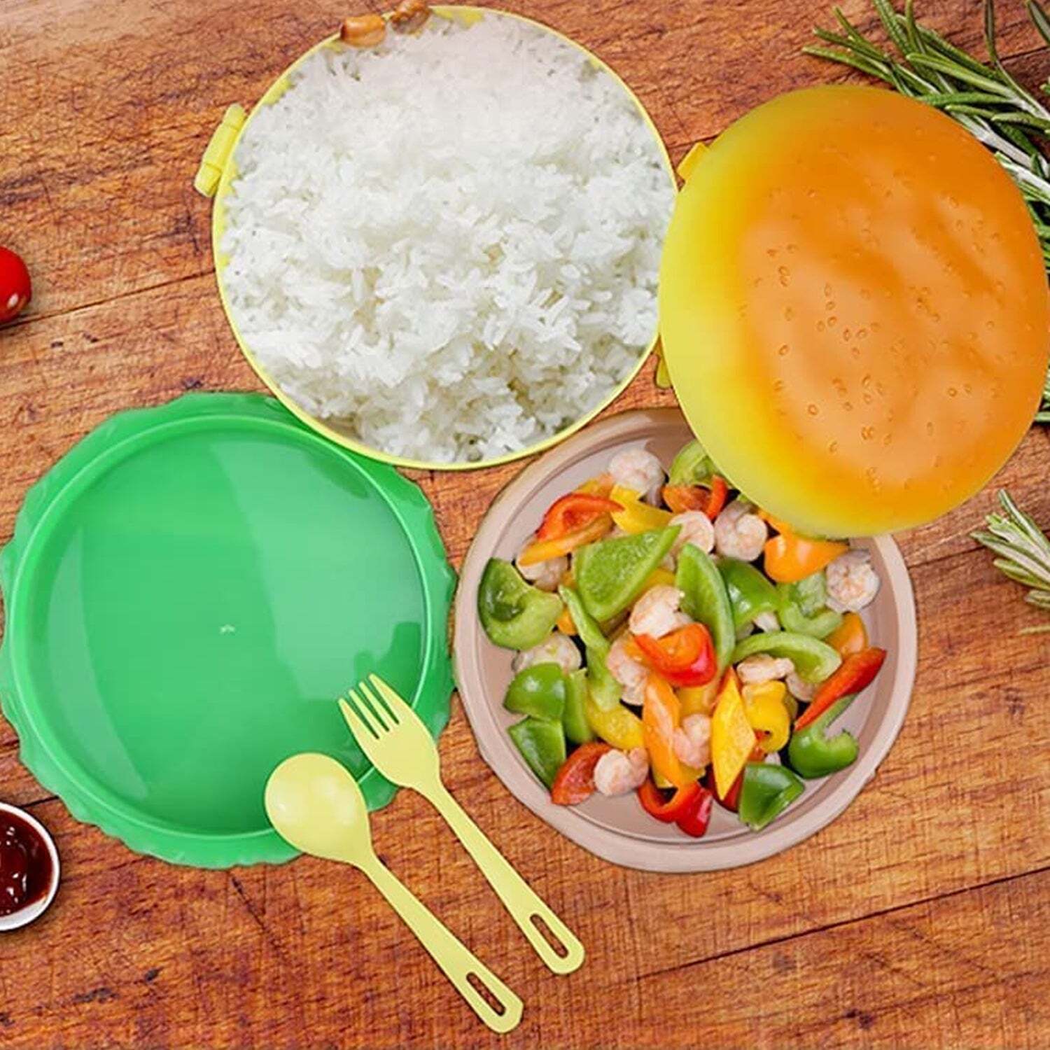 Multi / Assorted Burger Shape Lunch Box Plastic Lunch Box Food Container Sets Double Layer Lunchbox 1000ml With 2 Spoon Applicable To Kids And Elementary School Students (5313)