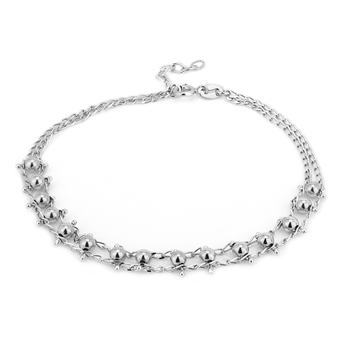 Anniversary Double Layered Chain Hanging Beads Silver Anklet .