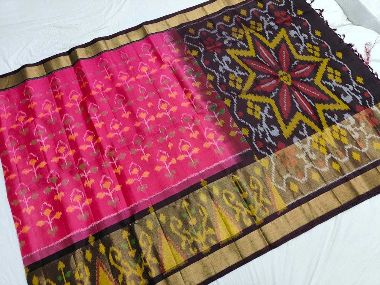 Ikkat Silk Sarees - 5.5m X 1.1m, Pink | Elegant Drape, Handwoven Beauty, Intricate Designs, Luxurious Feel, Soft Silk, Unique Patterns, Vibrant Colors