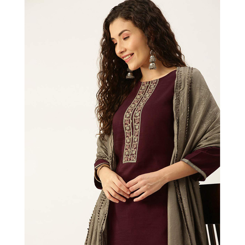 Designer Suit - Cotton Blend, Standard Bust & Shoulder Sizes, Maroon Color, Full Length Kurta Set | Exquisite Handcrafted Detailing for Special Occasions