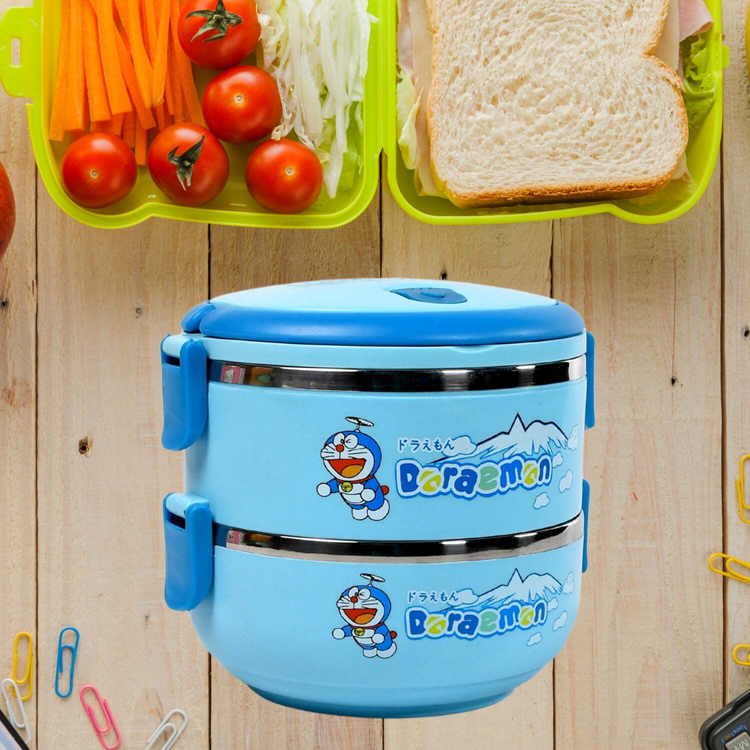 Multi / Assorted Doraemon 2layer Lunch Box Steel High Quality 2 Layer Tiffin Box (2 Layer) (2873a)