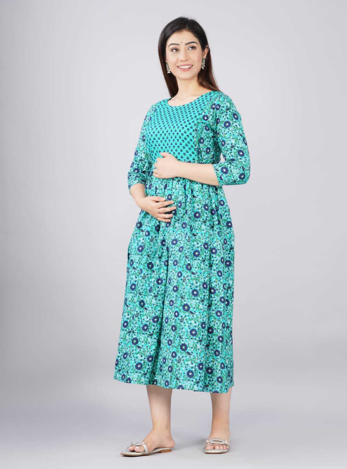Anarkali Feeding Maternity Kurti - Cotton 60*60, 48 Inch, 3/4 Sleeves, Printed | Formal Ethnic Dress, Washable, All Season, Sizes M-xxl