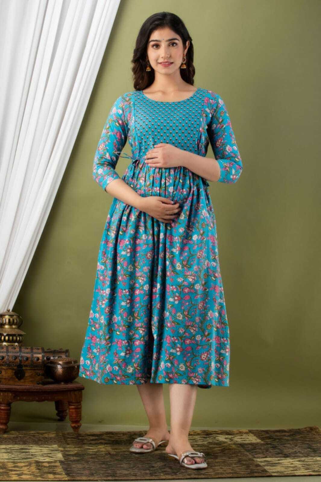 Anarkali Feeding Maternity Kurti - Cotton 60*60, 48 Inch, 3/4 Sleeves, Printed | Formal Ethnic Dress, Washable, All Season, Sizes M-xxl