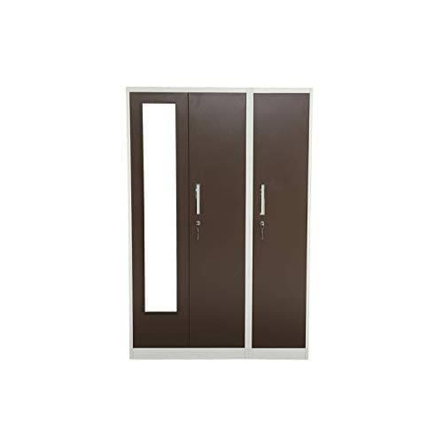 Triple Door Iron Key Lock Locker - 78x42x19 Inches | Modern Brown Metal Powder Coated Design, No Assembly Required, Includes Shelves and Mirror Interior