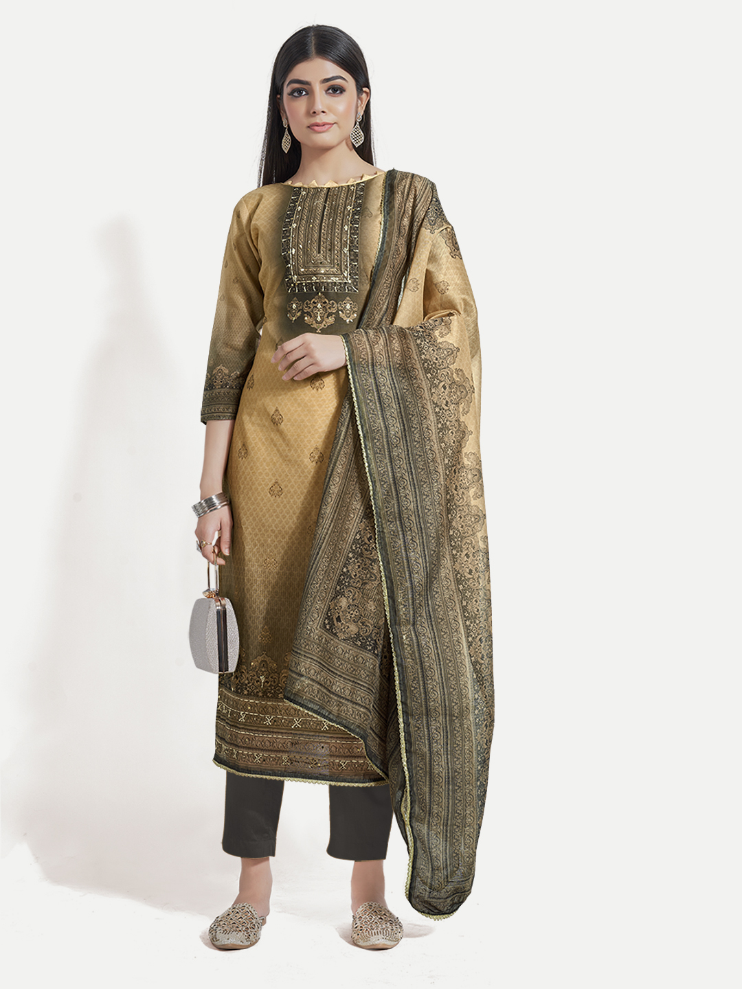 Digital Print And Handwork Unstitched Suit