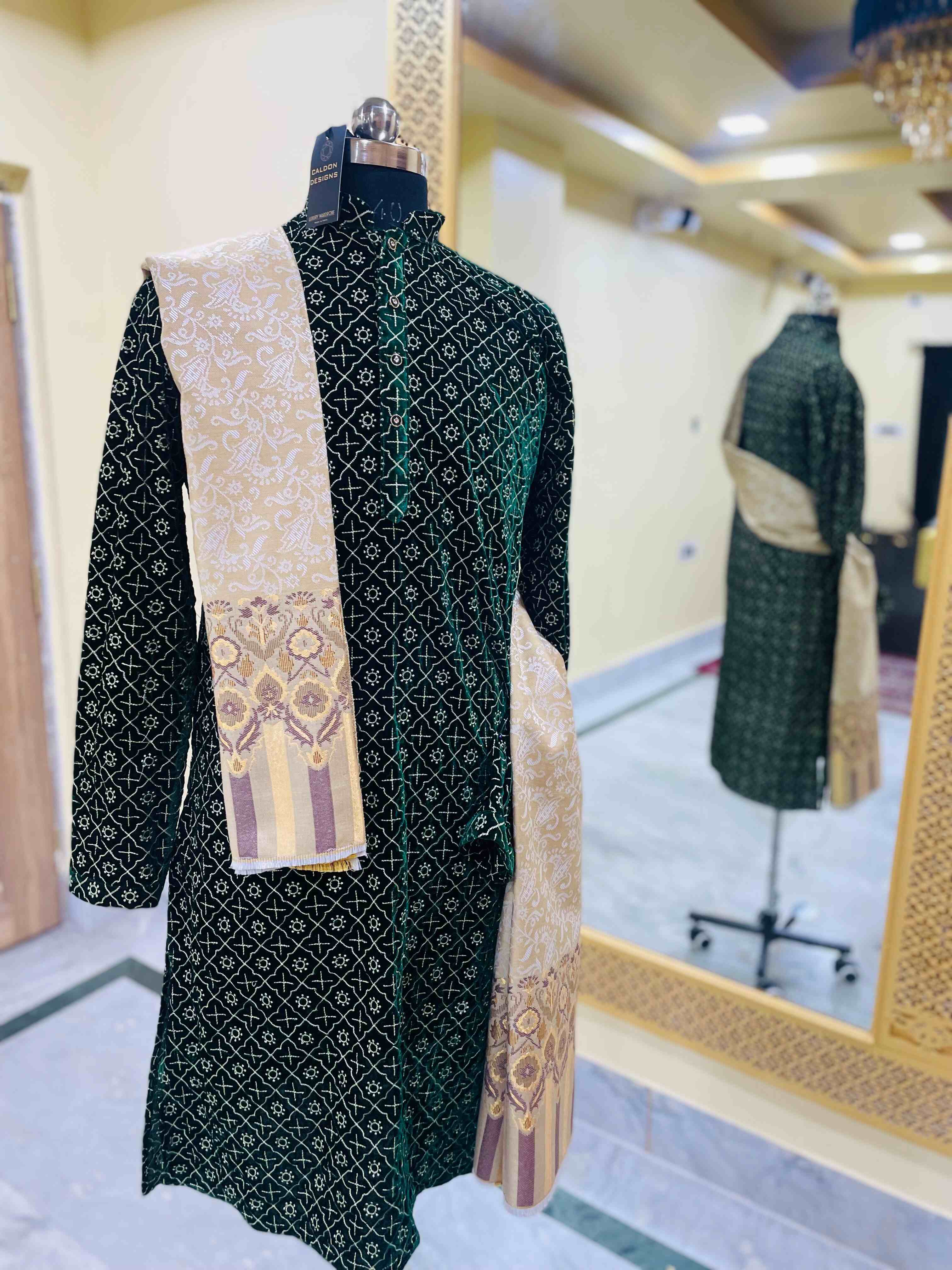 Green Kurta Fabric - Cotton, Customized Size, Emerald Green With Gold Embroidery | Mughal Mosaic Design, Ethnic Indian Pattern, Custom Color Options