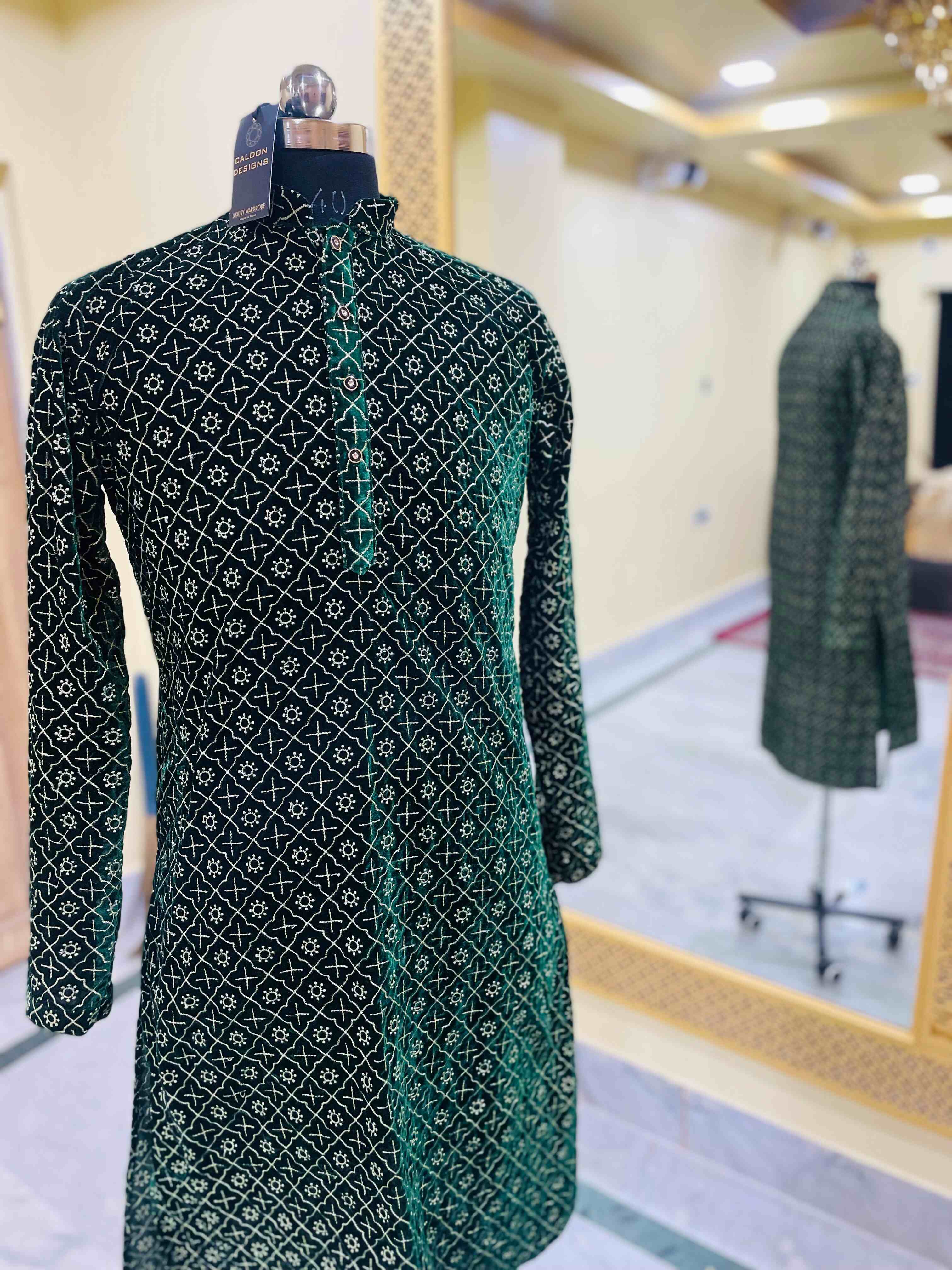 Green Kurta Fabric - Cotton, Customized Size, Emerald Green With Gold Embroidery | Mughal Mosaic Design, Ethnic Indian Pattern, Custom Color Options