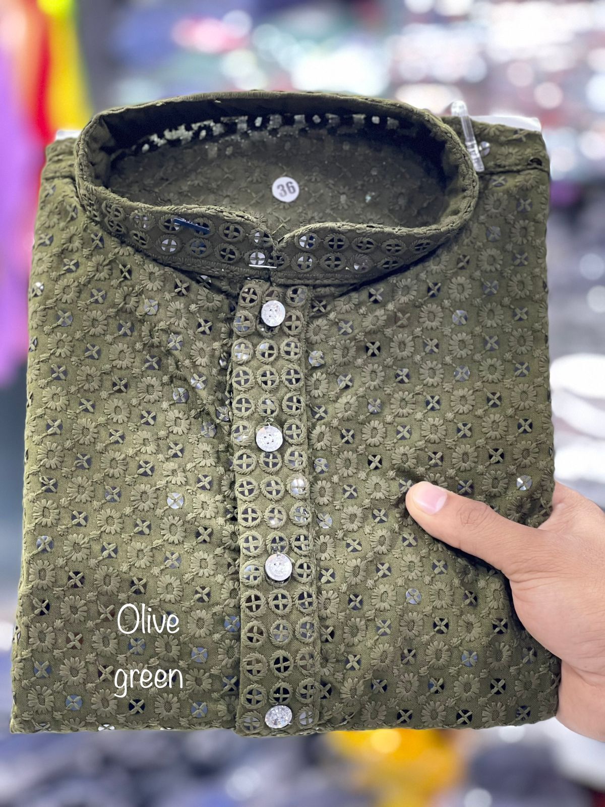 Reyon With Sequence Work Men Kurta - Cotton, Medium Size, Dark Grey Color | Comfortable Fabric, Durable Material, Elegant Design, Stylish Look, Full Sleeve, Mandarin Neckline