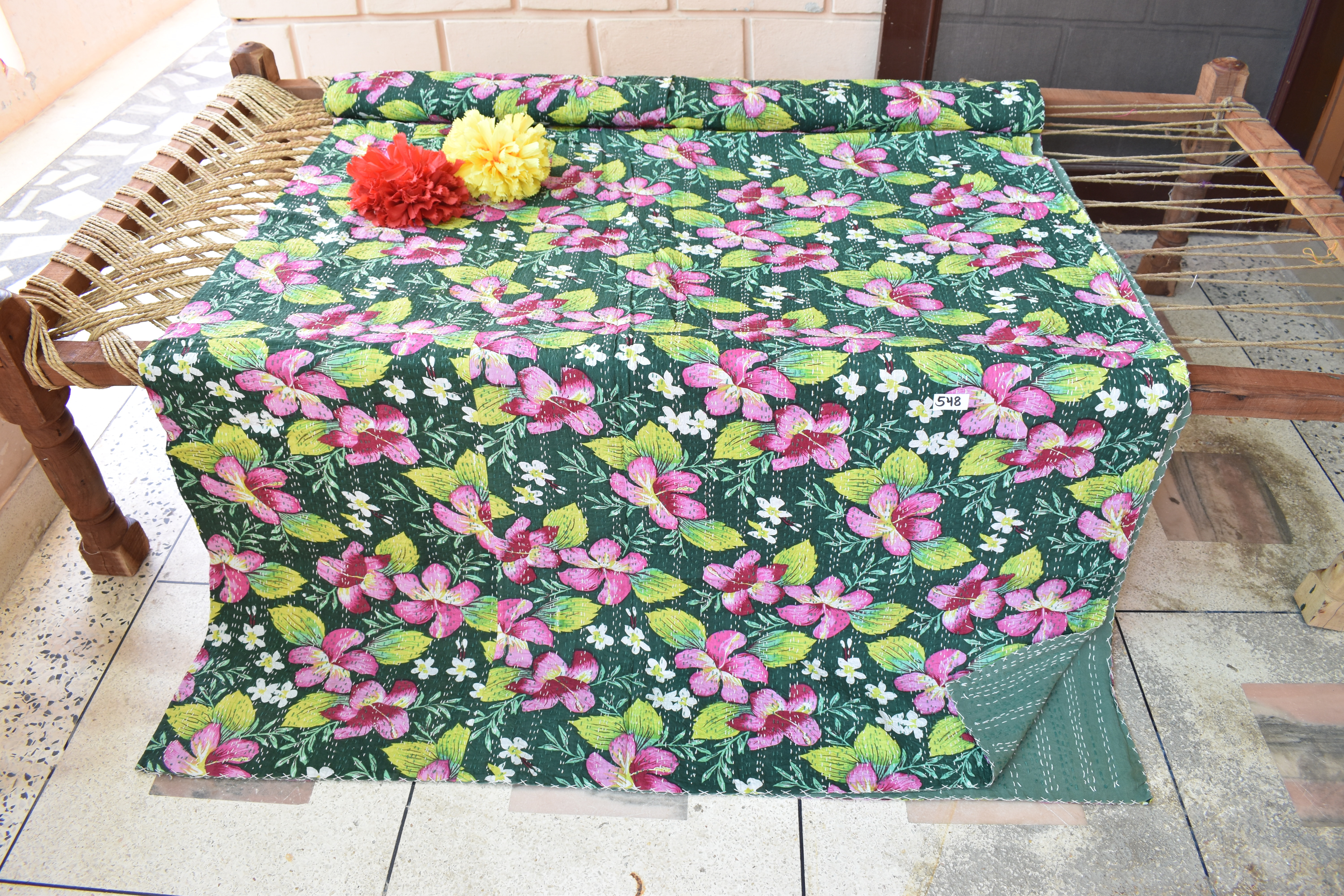 Kantha Quilt - 100% Cotton, King Size 108x90 Inches | Handmade, Vintage Printed Bed Cover, Home Bedding Decor, Comforter, Gudari, Throw