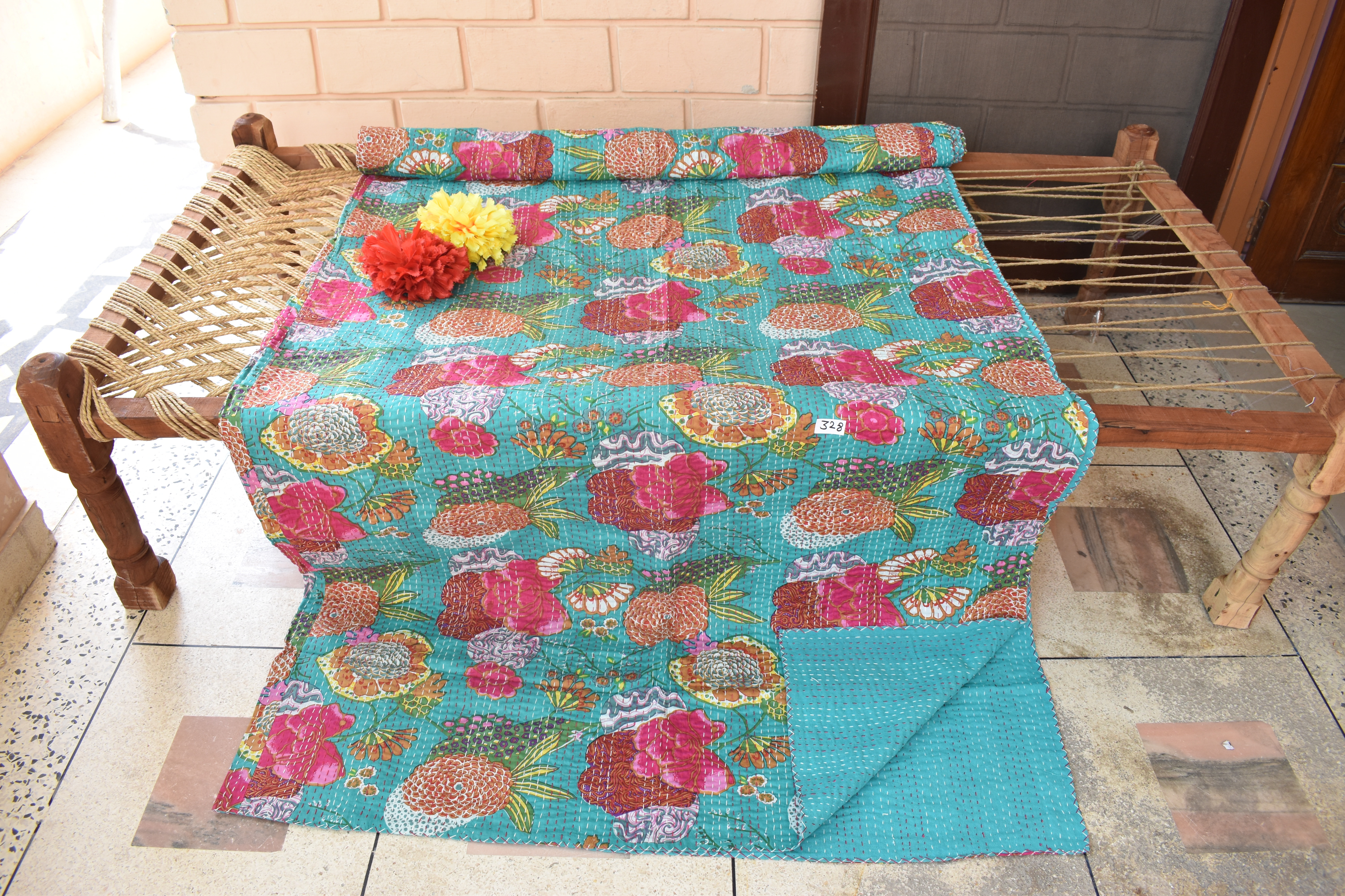 Kantha Quilt - 100% Cotton, King Size 108x90 Inches | Handmade, Vintage Printed Bed Cover, Home Bedding Decor, Comforter, Gudari, Throw