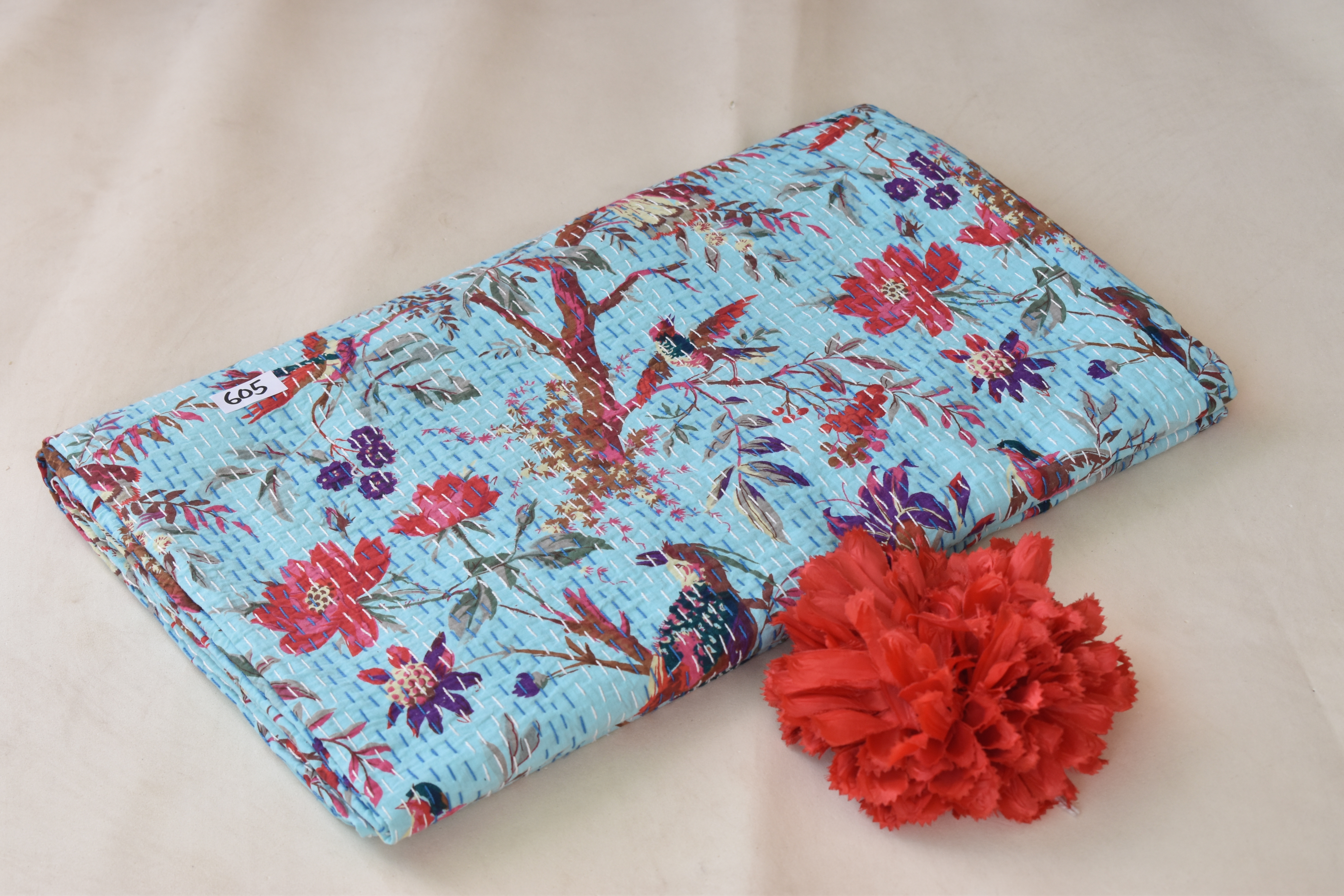 Kantha Quilt - King Size 108 X 90 Inches | 100% Cotton, Hand Wash, Orange Color, Vintage Kantha Stitch Design