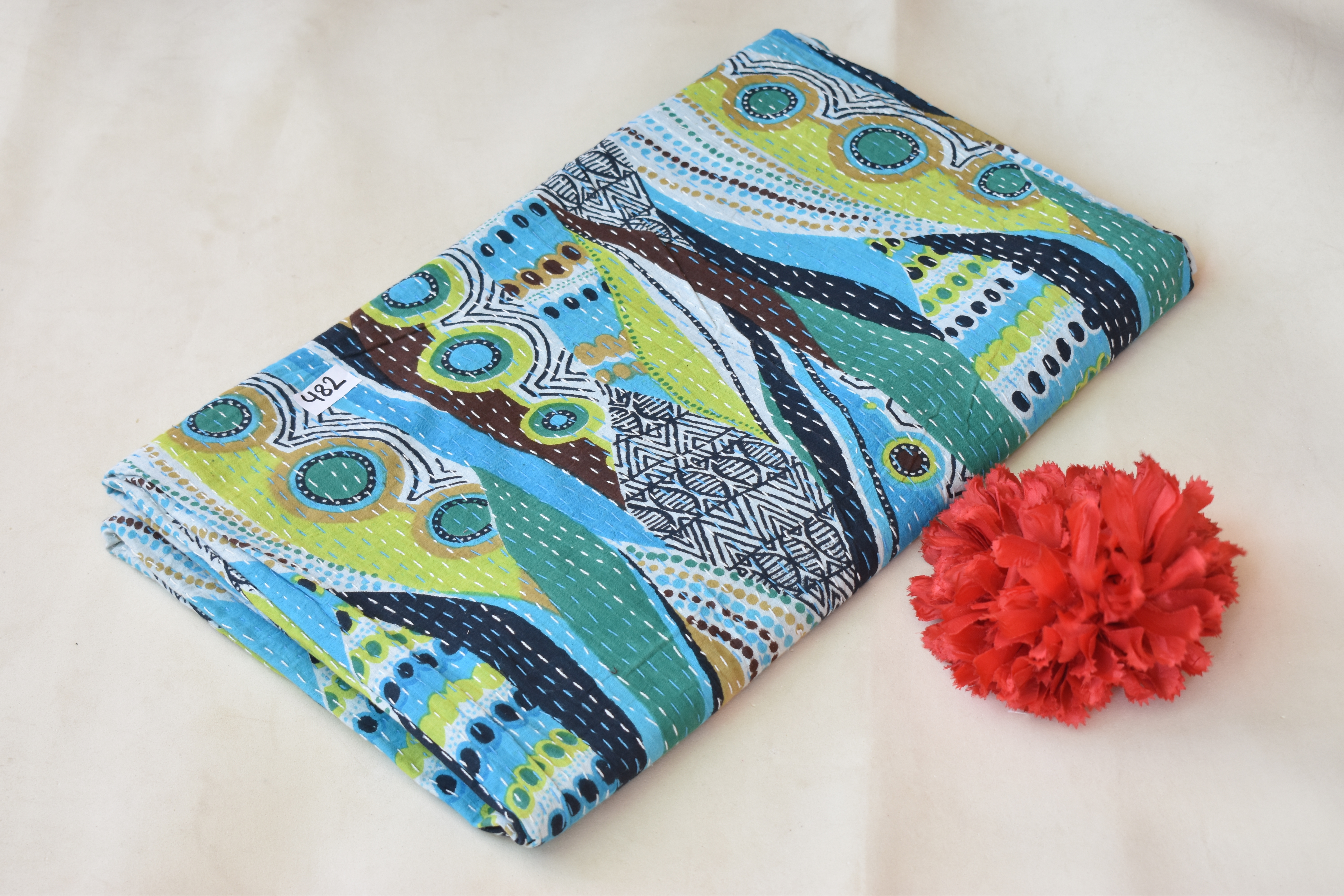 Kantha Quilt - King Size 108 X 90 Inches | 100% Cotton, Hand Wash, Orange Color, Vintage Kantha Stitch Design