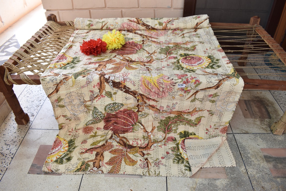 Printed Kantha Quilt - 100% Cotton, Full Size | Knitted Texture, 4 Thread Count, Versatile Bedding Use