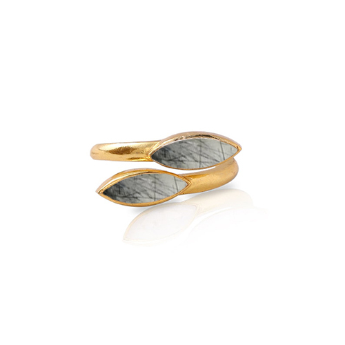 Black Rutile Gemstone Marquise Shape Gold Vermeil Bezel Set Ring Size: 6x8mm