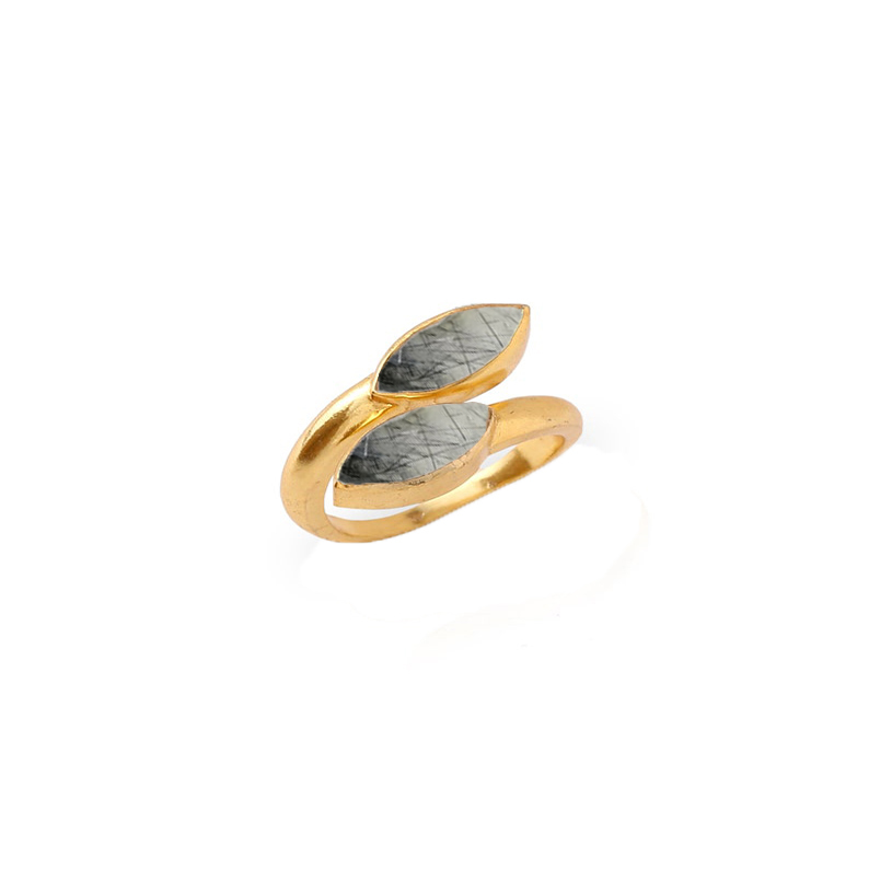 Black Rutile Gemstone Marquise Shape Gold Vermeil Bezel Set Ring Size: 6x8mm