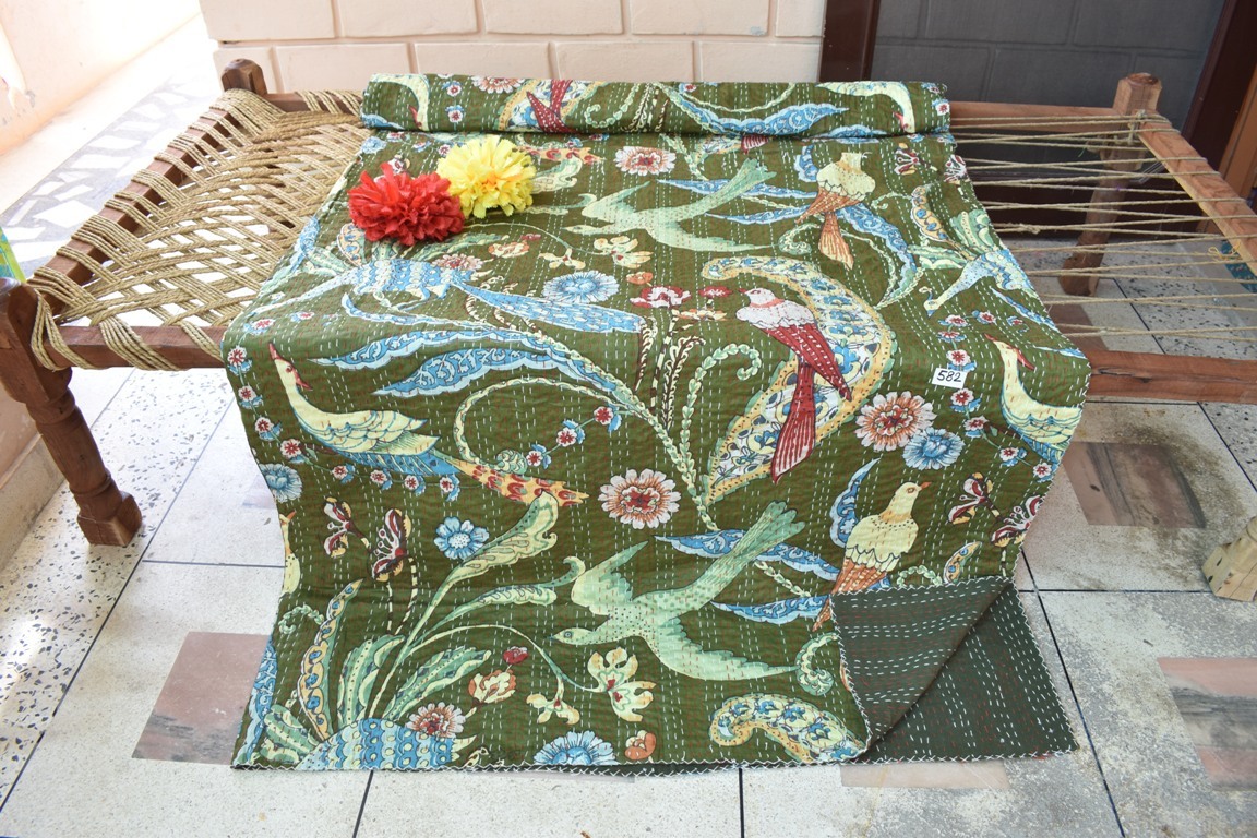 Kantha Quilt Bed Cover - 100% Cotton King Size 108x90 Inches | Printed Design, Handmade Vintage Style, Versatile Bedding Decor