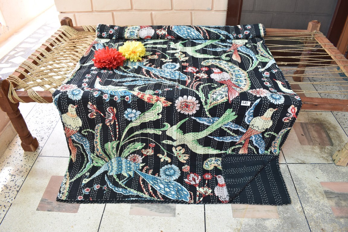 Kantha Quilt Bed Cover - 100% Cotton King Size 108x90 Inches | Printed Design, Handmade Vintage Style, Versatile Bedding Decor