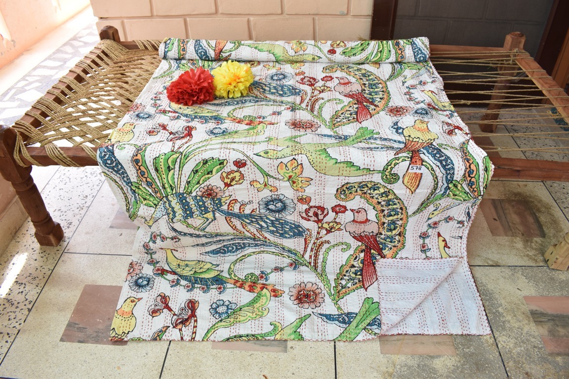 Kantha Quilt Bed Cover - 100% Cotton King Size 108x90 Inches | Printed Design, Handmade Vintage Style, Versatile Bedding Decor