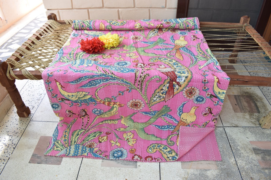 Kantha Quilt Bed Cover - 100% Cotton King Size 108x90 Inches | Printed Design, Handmade Vintage Style, Versatile Bedding Decor