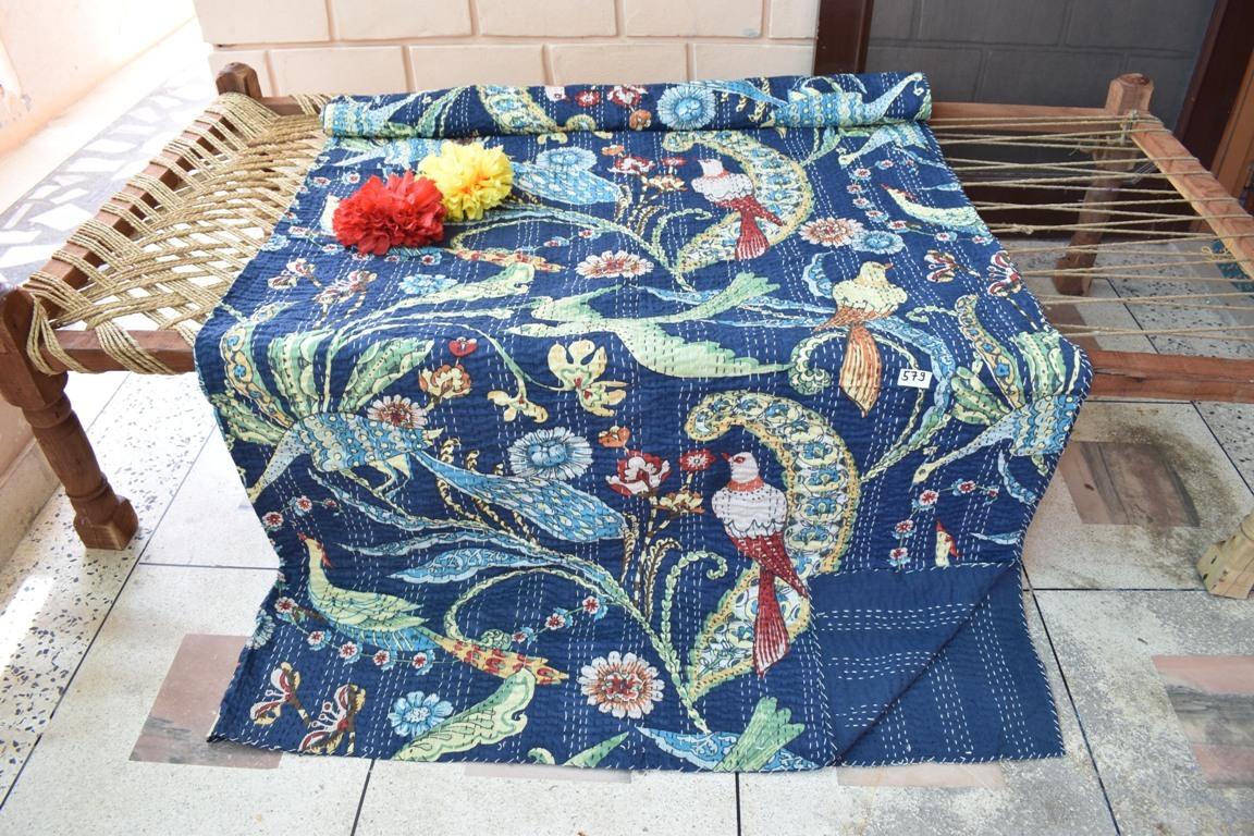 Kantha Quilt Bed Cover - 100% Cotton King Size 108x90 Inches | Printed Design, Handmade Vintage Style, Versatile Bedding Decor