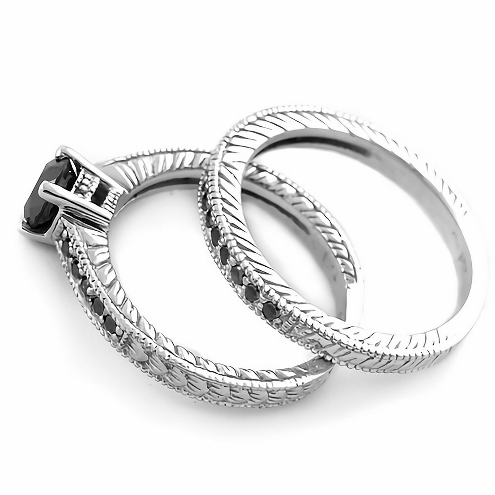 Black Diamond Engagement Ring Set Vintage Style 1.20 Ct 10k White Gold Diamond Clarity: Vs1