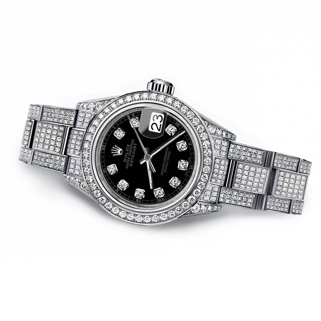 Natural Diamond Ladies Watch - 26 Mm Stainless Steel Black Dial 13 Ct Natural Diamonds Vs1/2 Clarity Round Brilliant Cut