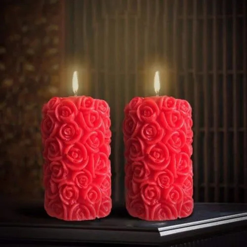 Colored Flame Decorative Candles - Handmade, Pillar Candles in Various Sizes, Red | Flicker Less Flame for Home Decoration and Gifting