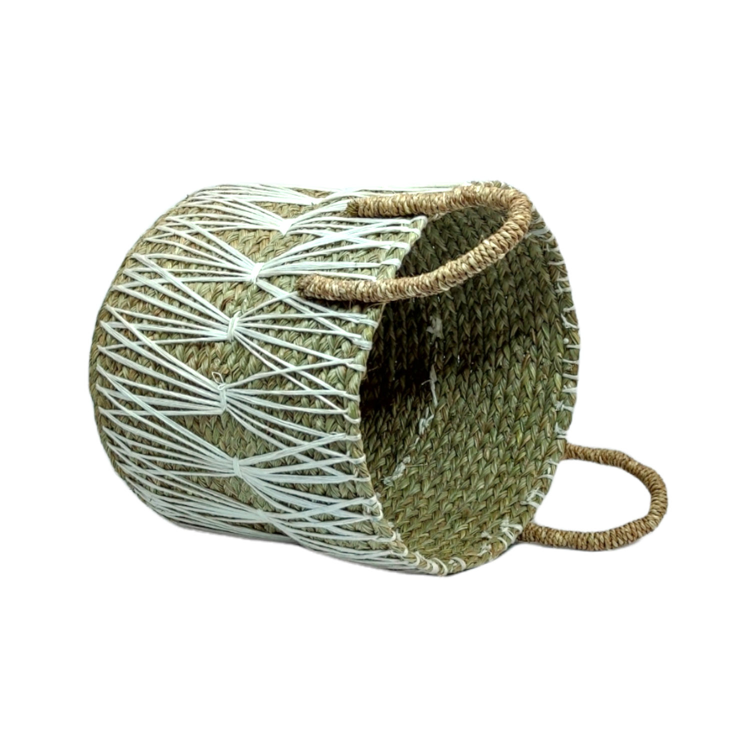 Handcrafted Designer Basket - 12x10 Inches, Natural Light Brown-white Eco-friendly Sabai Grass | Durable, Handmade, With Handle, Round Shape, Modern Arts