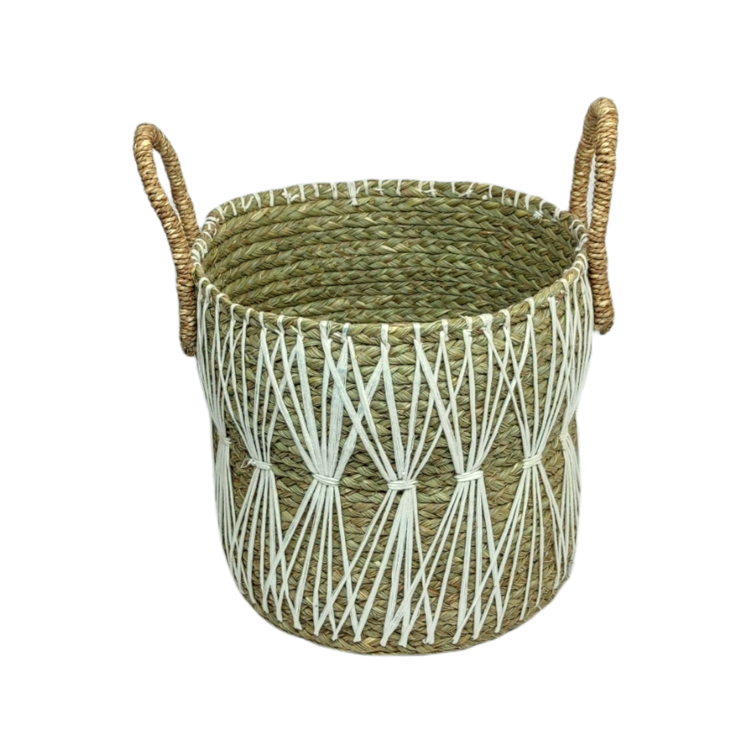 Handcrafted Designer Basket - 12x10 Inches, Natural Light Brown-white Eco-friendly Sabai Grass | Durable, Handmade, With Handle, Round Shape, Modern Arts