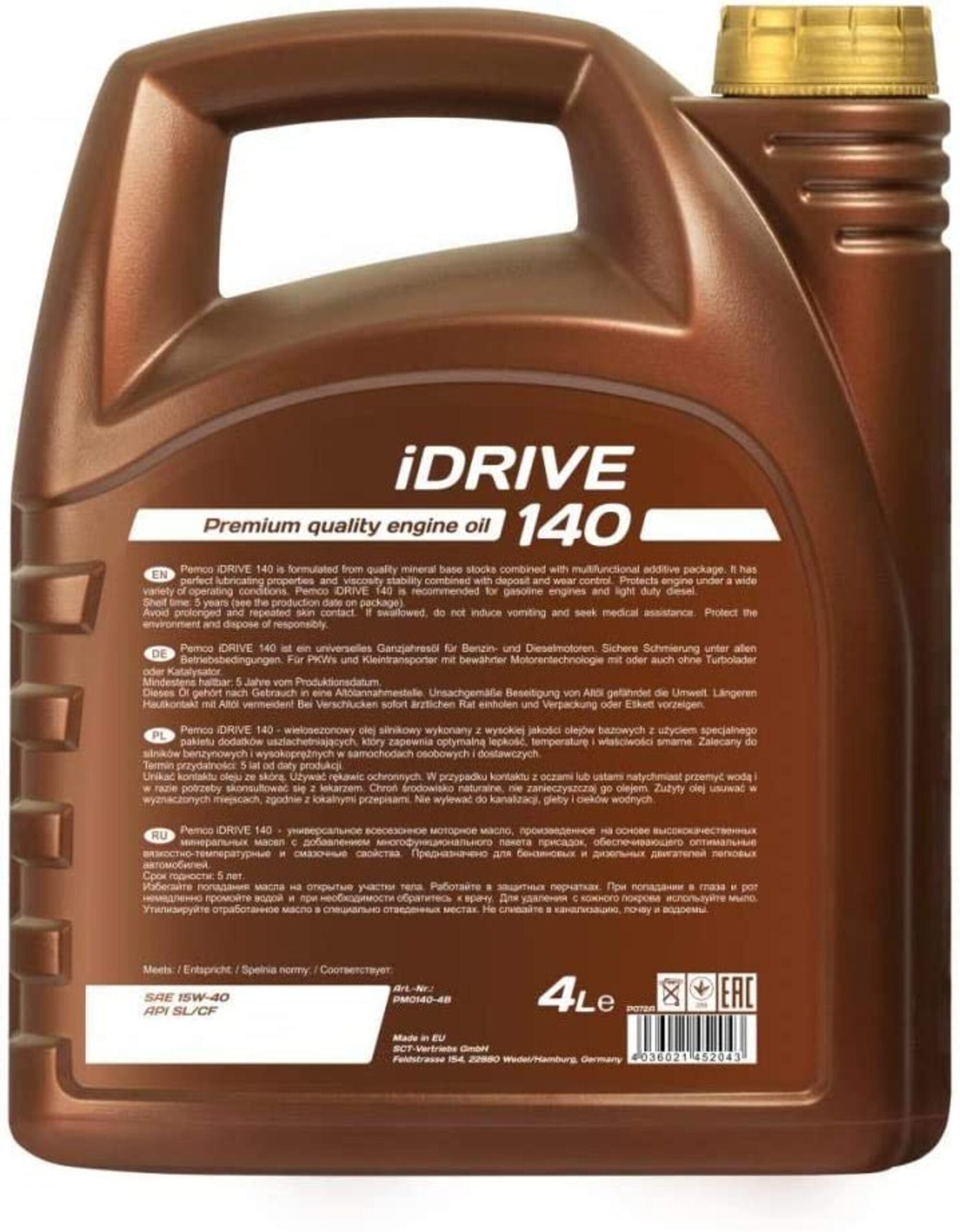 Pemco Idrive 140 - Sae 15w-40, Api Sl/cf | Synthetic Engine Oil For Gasoline And Light Duty Diesel, Perfect Lubricating Properties, Brown Gold Color, Versatile Performance