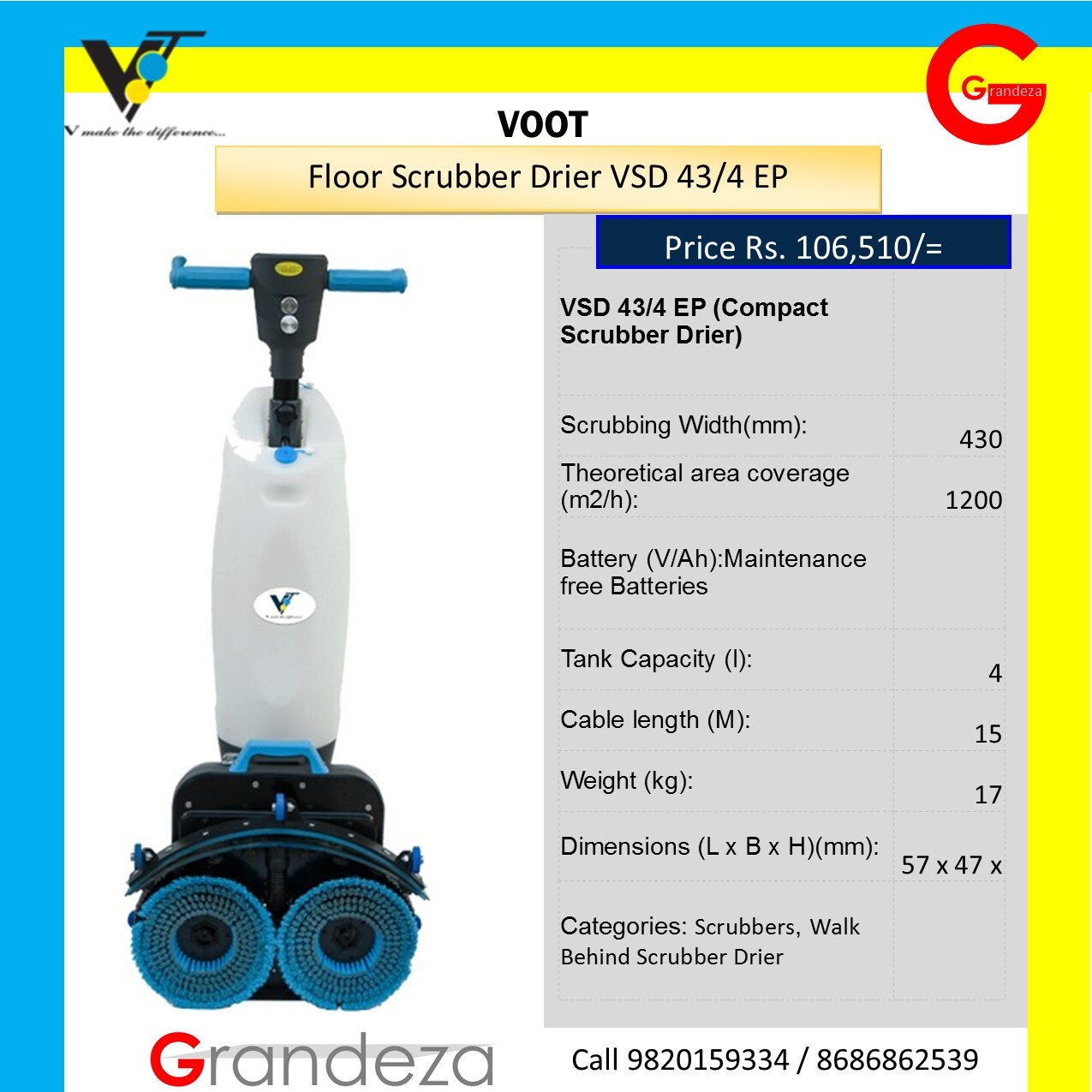 Voor Vsd-43/4 Ep Walk Behind Compact Floor Scrubber Drier