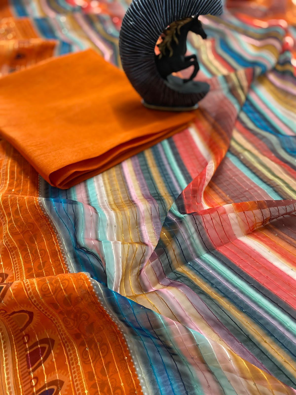 Beautiful Heavy Sequence Print Party Wear Georgette Saree - 5.5 Meters, Orange Color | Comfortable Fit, Elegant Design, Stylish Look, Unique Style, Vibrant Colors, Embroidered Border