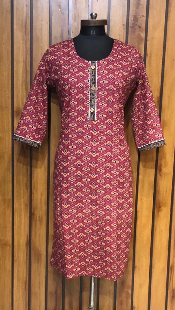 Straight Kurti - Cotton, Size M To Xxl | Printed Patoda Design, Round Neck, 3/4th Sleeve, Long Length, Casual & Ethnic Wear In Marun, C Green, Black