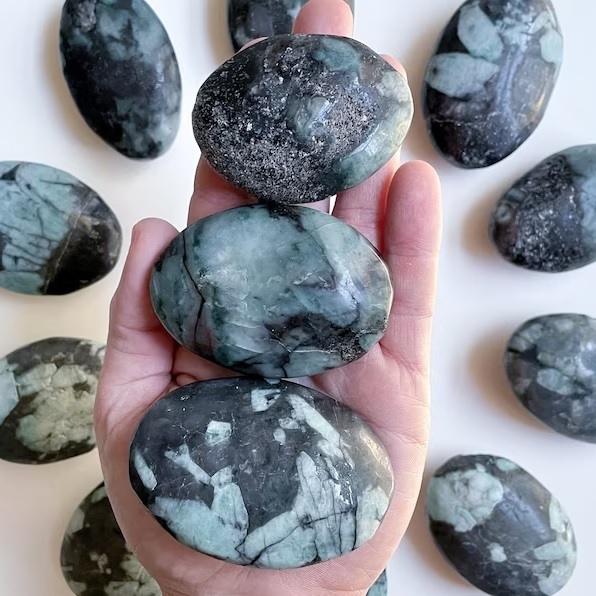 Emerald Palmstone - Natural Black Green Gemstone, 30 To 35 Mm Size | Top Grade, Healing Crystal For Home Decor & Meditation
