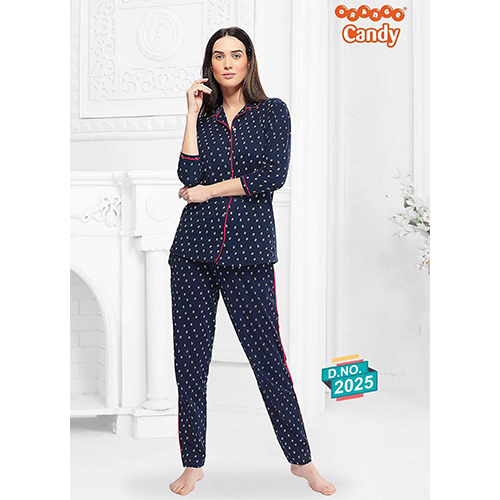 Ladies Cotton Hosiery Night Suit - Lightweight Breathable Cotton Fabric, Multicolor Printed Design, Short Sleeves, Front Open Style, Elasticated Trousers for Comfort