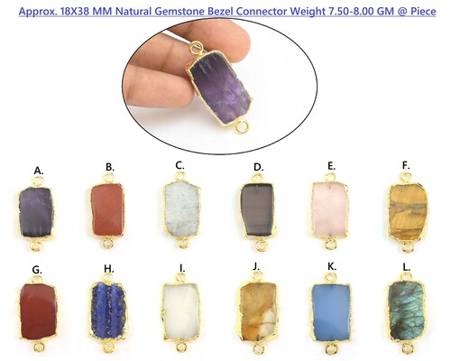 Natural Gemstone Electroplated Gold Plated Bezel Connector - Brass, 18X38 MM Approx, MultiGemstone Shape, 15X30 MM Stone Size, Double Bail Design