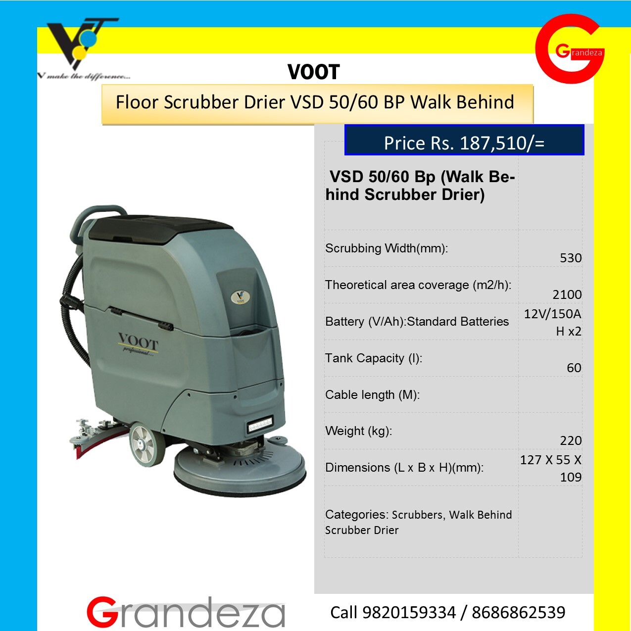 Voot Vsd 50/60 Bp - 530mm Scrubbing Width, 60l Tank Capacity , 12v/150ah Battery Power, Cold Water Cleaning For Industrial Use