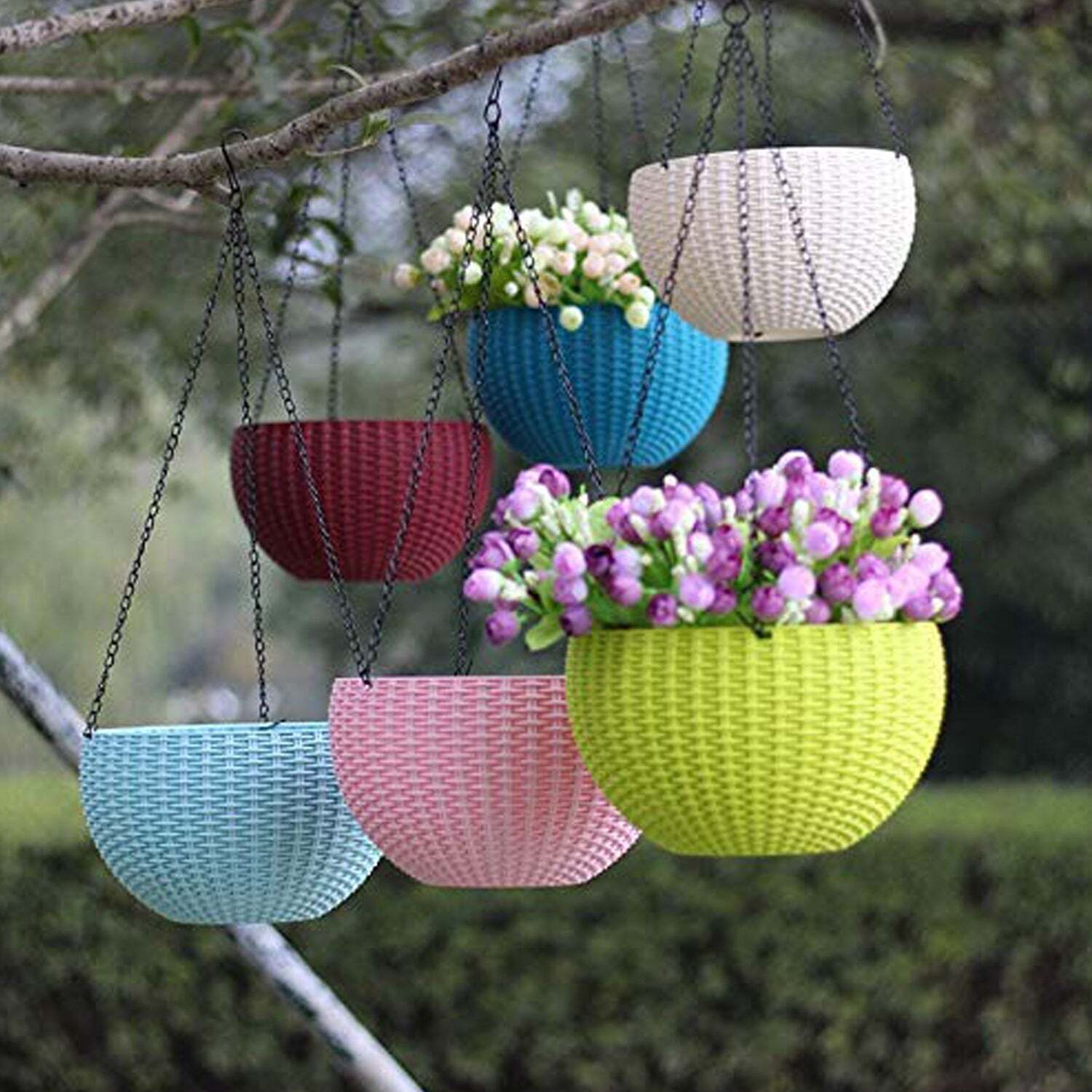 Plastic Hanging Flower Pot And Flower Pot With Chain (6 Pc) (4708) - Plastic Material, 20x20x40 Cm Size, Multi/assorted Color | Ideal For Indoor And Outdoor Use