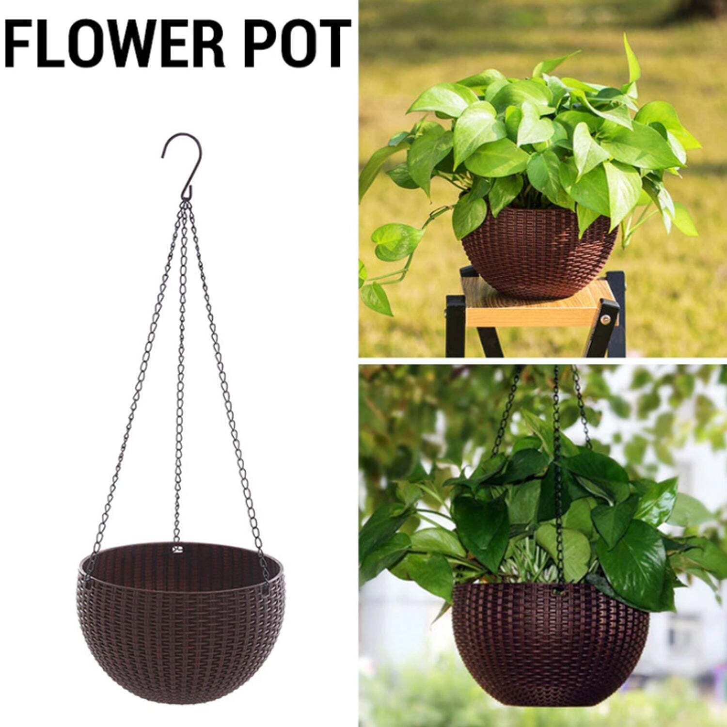 Plastic Hanging Flower Pot And Flower Pot With Chain (6 Pc) (4708) - Plastic Material, 20x20x40 Cm Size, Multi/assorted Color | Ideal For Indoor And Outdoor Use