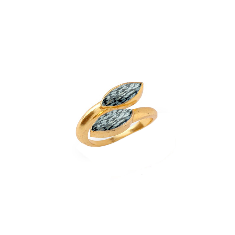 Snowflake Obsidian Gemstone Marquise Shape Gold Vermeil Bezel Set Ring Size: 6x8mm