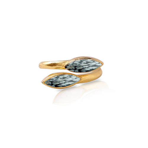 Snowflake Obsidian Gemstone Marquise Shape Gold Vermeil Bezel Set Ring Size: 6x8mm