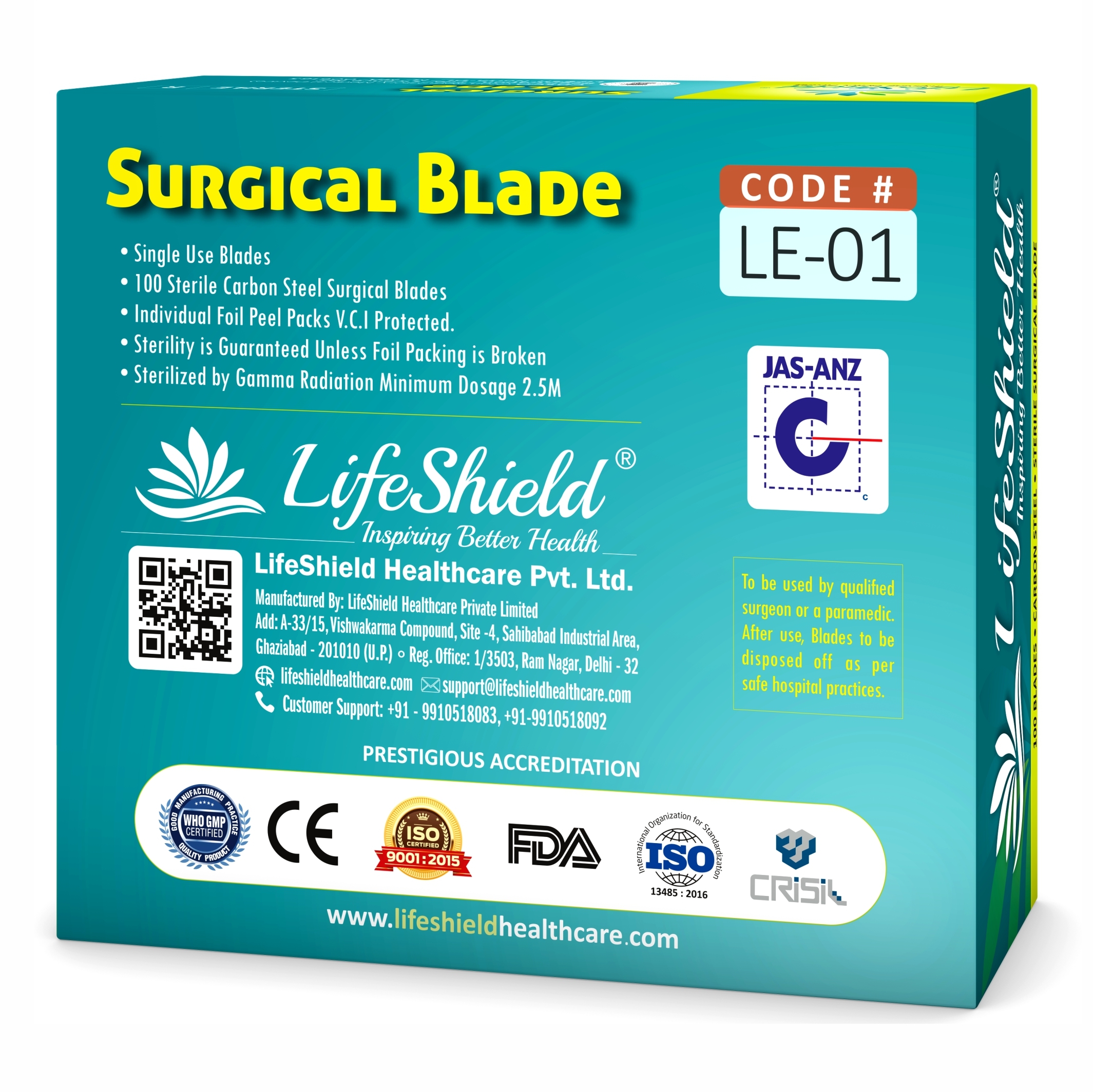 Lifeshield Surgical Blade - Stainless Steel Blade No. 22 Curved Cutting Edge | Manual Operation Sterilized For Reconstruction Surgery