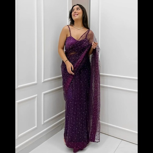 Sequence Saree - Polyester Georgette, Solid Black With Glitter Pattern | Semi-transparent, Intricate Sequence Work, Ideal For Party Wear