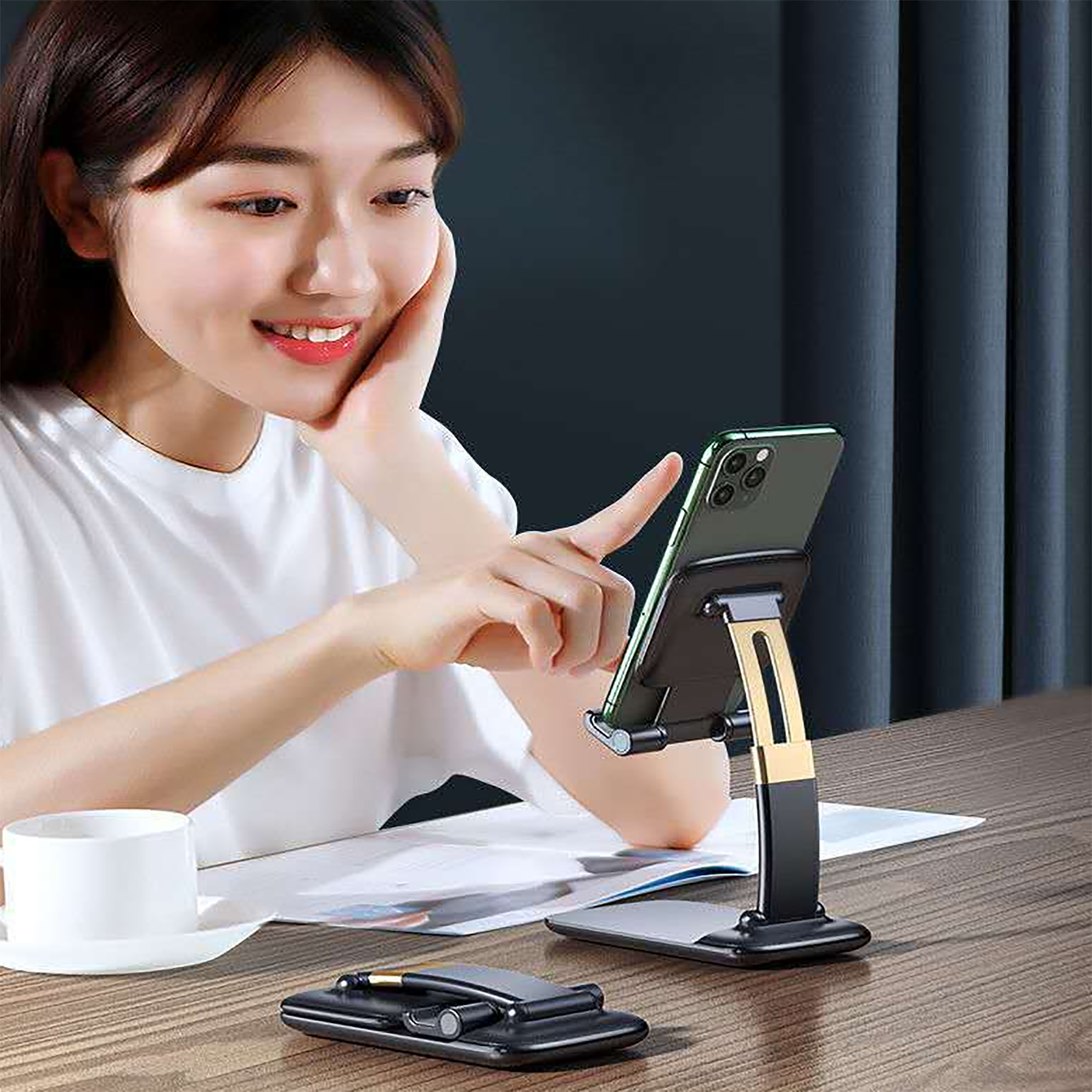 Foldable Universal Mobile Stand - Plastic, Compact Design, Black Color | Versatile Phone Holder For Desk Use