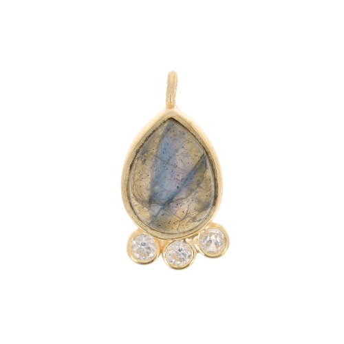 Labradorite Gemstone Drop Shape Gold Vermeil Bezel Set Round Cz Set Charms Size: 14x7mm