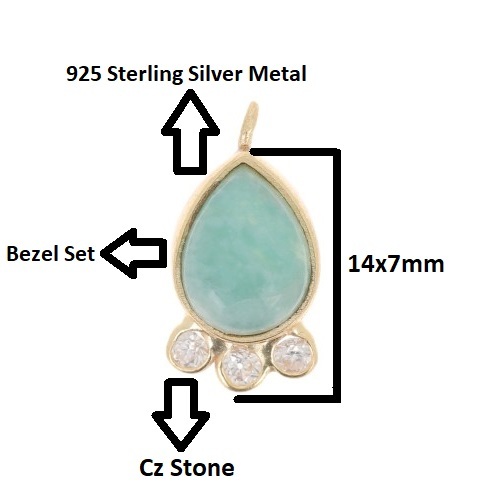 Rainbow Moonstone Gemstone Drop Shape Gold Vermeil Bezel Set Round Cz Set Charms Size: 14x7mm