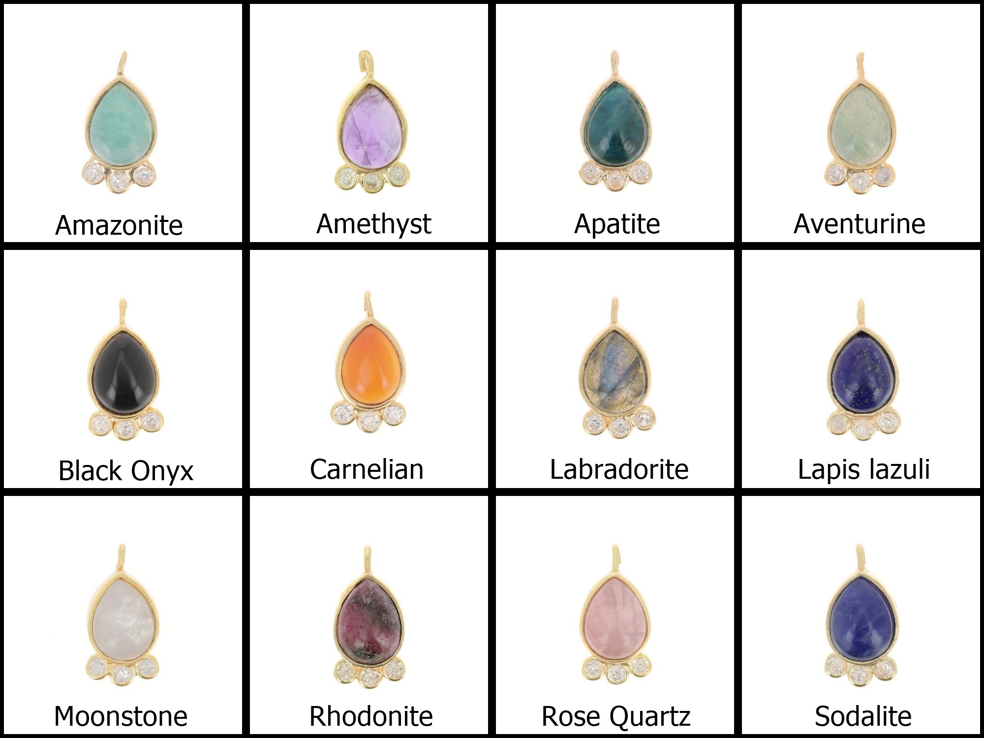 Rainbow Moonstone Gemstone Drop Shape Gold Vermeil Bezel Set Round Cz Set Charms Size: 14x7mm